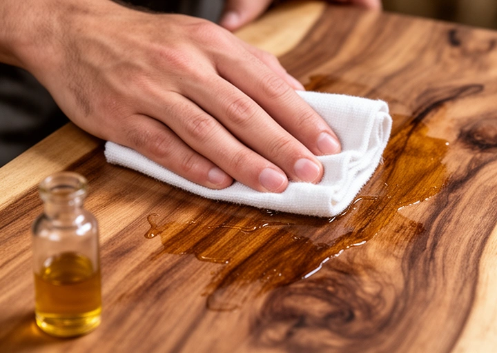 Mano aceitando una tabla de algarrobo con un trapo de algodón