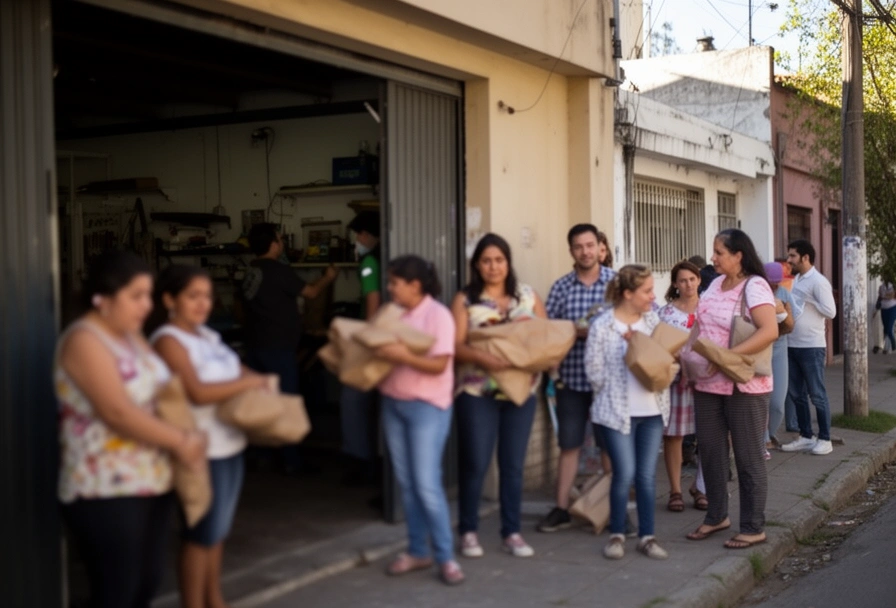 Gente esperando en la vereda frente al taller con paquetes envueltos en papel madera