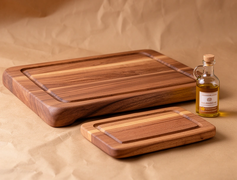 Kit de tabla de asado, tabla de picar y frasco de aceite de lino sobre papel madera