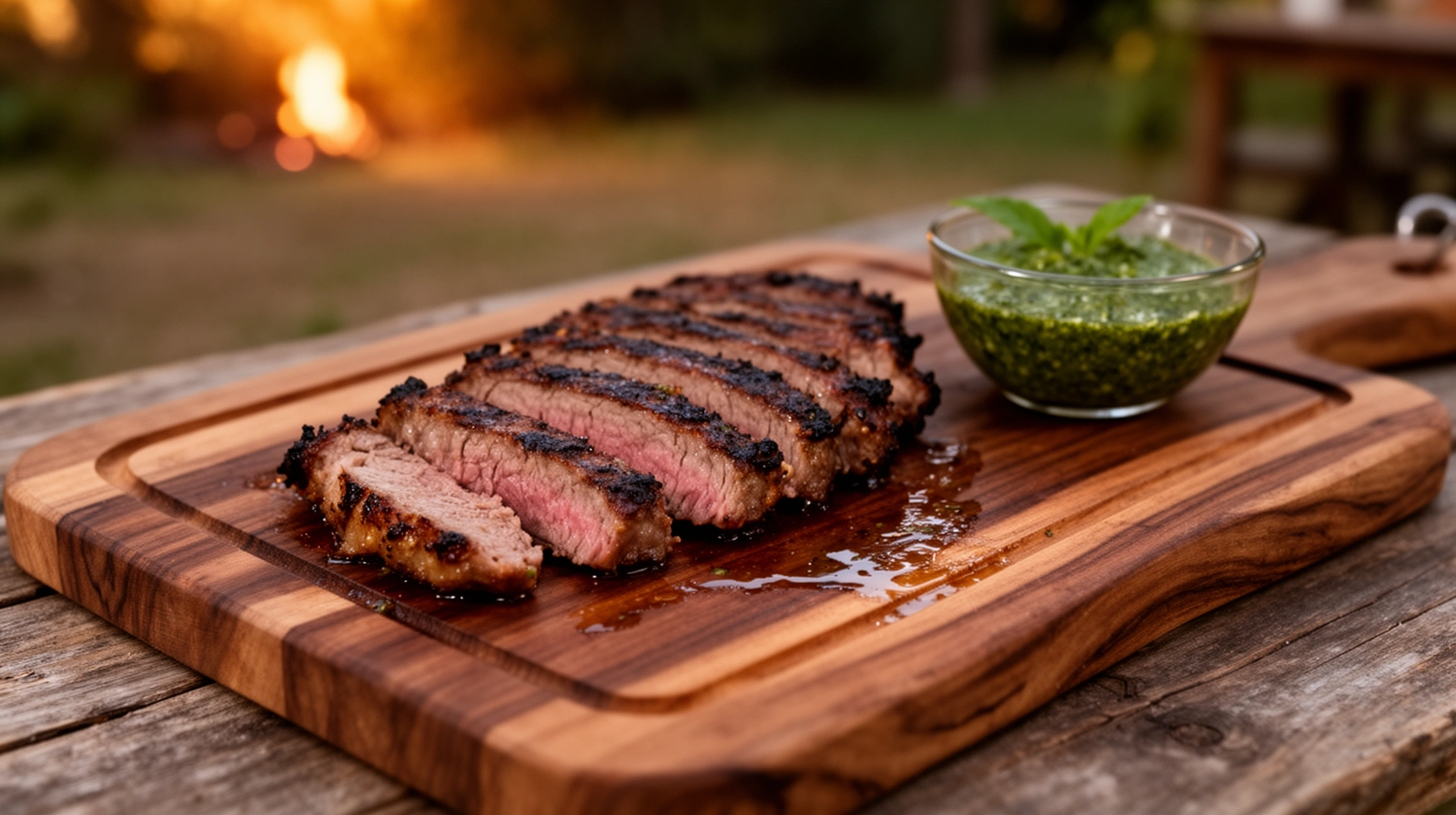 Tabla de algarrobo con canaleta con carne asada cortada y chimichurri