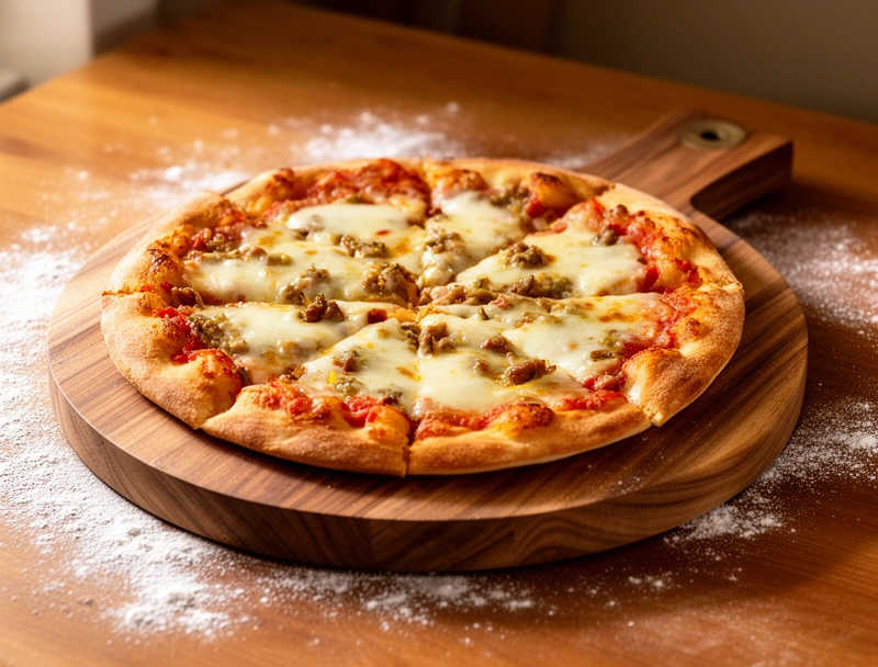 Tabla redonda de algarrobo con una pizza casera