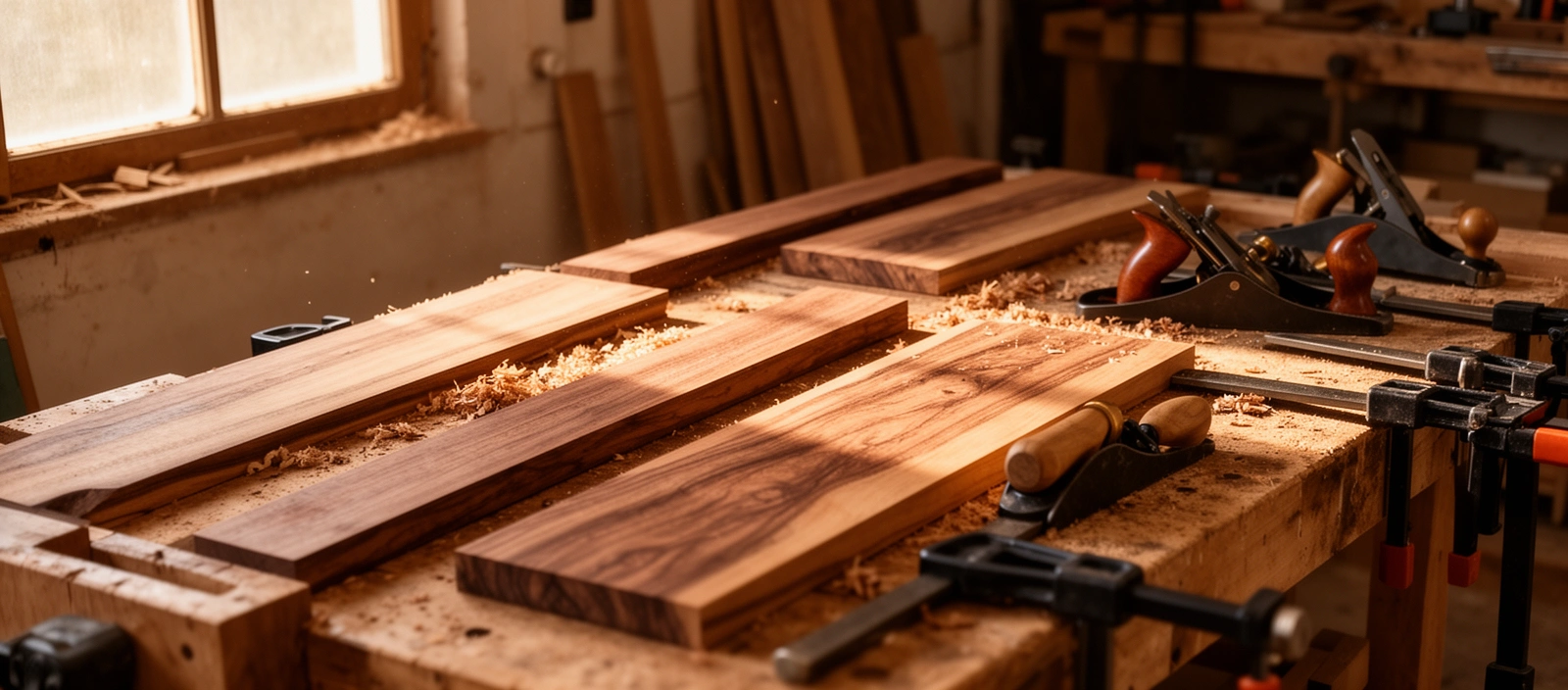 Banco del taller con tablas de algarrobo en distintas etapas